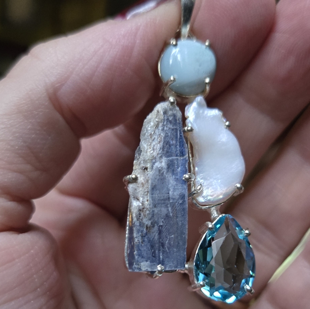 Larimar kyanite pearl & Topaz sterling silver pendant - Picture 3 of 7
